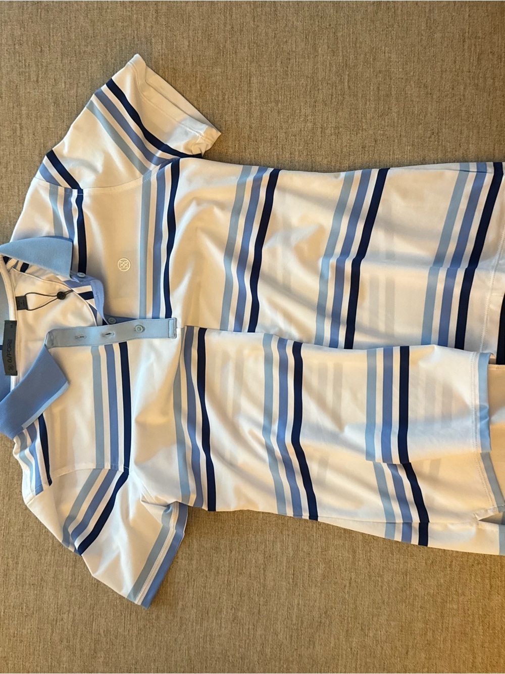 G/FORE White Polo Top with Light Blue and Navy Stripes